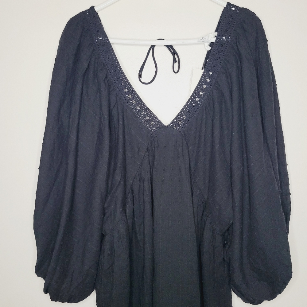 H&M Influencer Dress Balloon Sleeve Cotton Crotchet V-Neck Medium Black Vacation - Picture 5 of 15